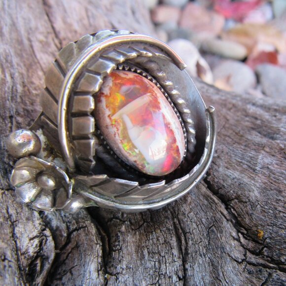 Rare High Horse Silver Exquisite Custom Huge Flashy Mexican Fire Opal Ring .925 - Picture 6 of 14